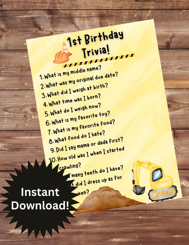 Construction Themed 1st Birthday Trivia PRINTABLE