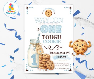 ONE Tough Cookie 1st Birthday Invitation | Cookies and Milk | Boys First Birthday Theme | Blue | Printable | Editable
