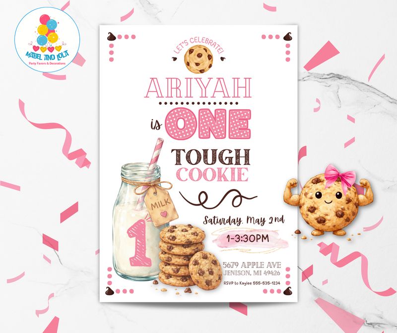 ONE Tough Cookie 1st Birthday Invitation | Cookies and Milk | Girls First Birthday Theme | Pink | Printable | Editable