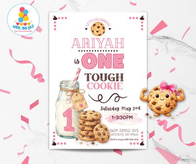 ONE Tough Cookie 1st Birthday Invitation | Cookies and Milk | Girls First Birthday Theme | Pink | Printable | Editable