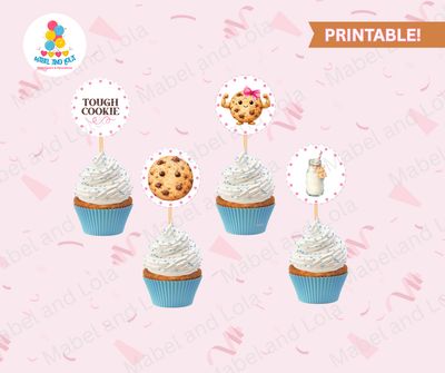 ONE Tough Cookie Cupcake Toppers | Pink | Milk &amp; Cookies | Chocolate Chip Cookie with Glasses