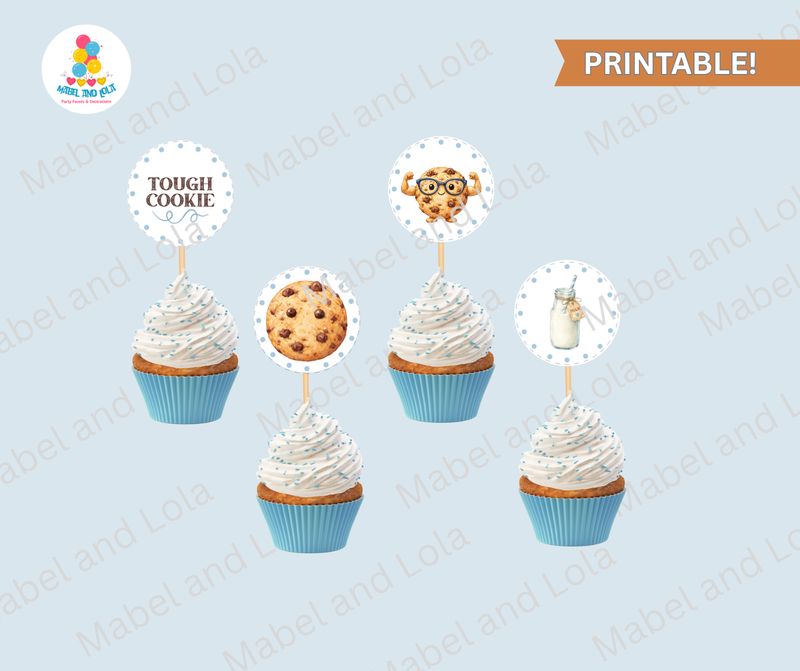 ONE Tough Cookie Cupcake Toppers | Blue | Milk &amp; Cookies | Chocolate Chip Cookie with Glasses