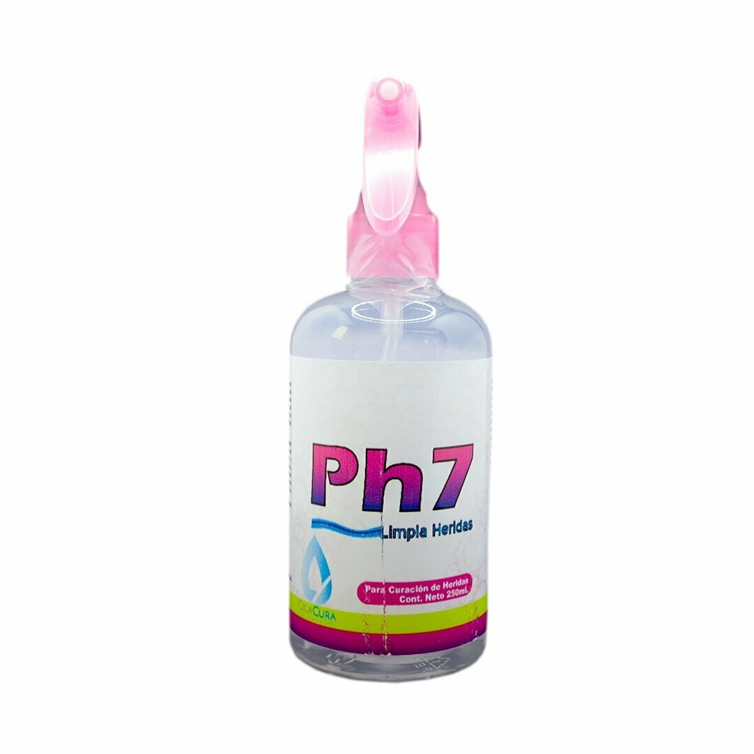 PH 7 250ML LIMPIA HERIDAS PROPIEDADES ANTISEPTICAS DE ACCION PROLONGADA, NO CONTIENE ANTIBIOTICOS, ACTUA SOBRE TERMINACIONES NERVIOSAS DISMINUYENDO EL DOLOR EN LAS CURACIONES.