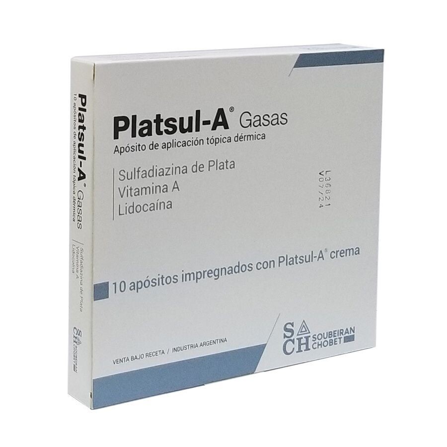 PLATSUL -A GASA SULFADIAZINA DE PLATA, VITAMINA A, LIDOCAÍNA. CAJA CON 10 PIEZAS.