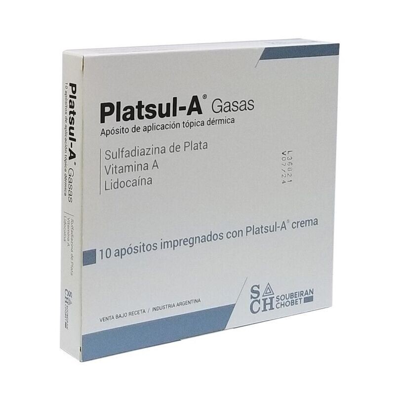 PLATSUL -A GASA SULFADIAZINA DE PLATA, VITAMINA A, LIDOCAÍNA. CAJA CON 10 PIEZAS.