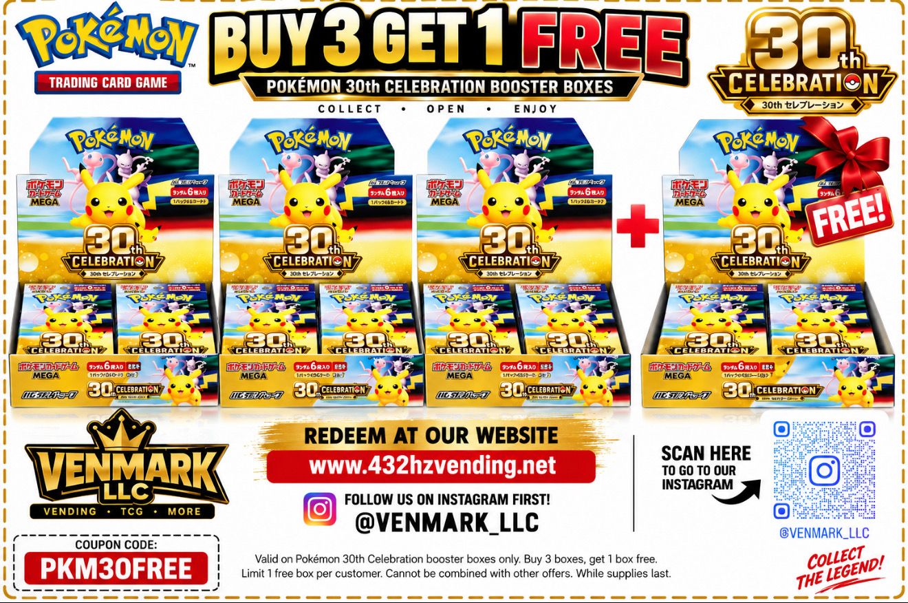 ? 30th Anniversary Special Buy 3 Pokémon 30th Anniversary Booster Boxes and get 1 Booster Box FREE. ? Total: $900 To redeem, use your coupon and follow the redemption instructions provided. ? www.