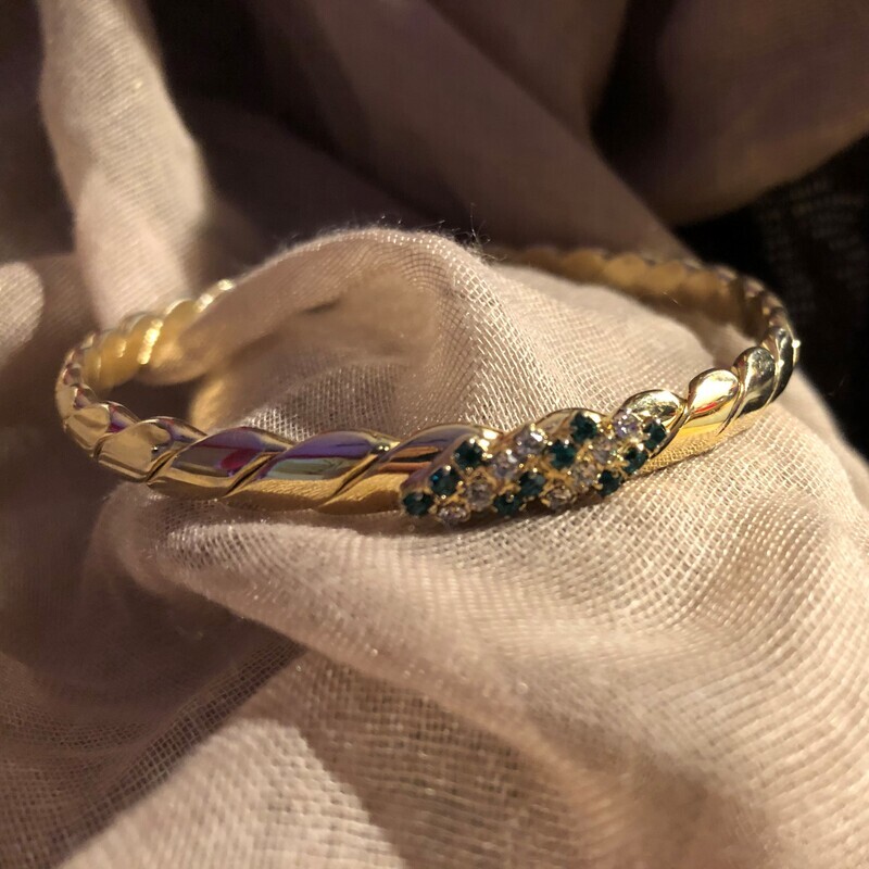 Gold Scalloped Bracelet – 14k Plated with Emerald &amp; CZ Stones, Vintage Estate Jewelry