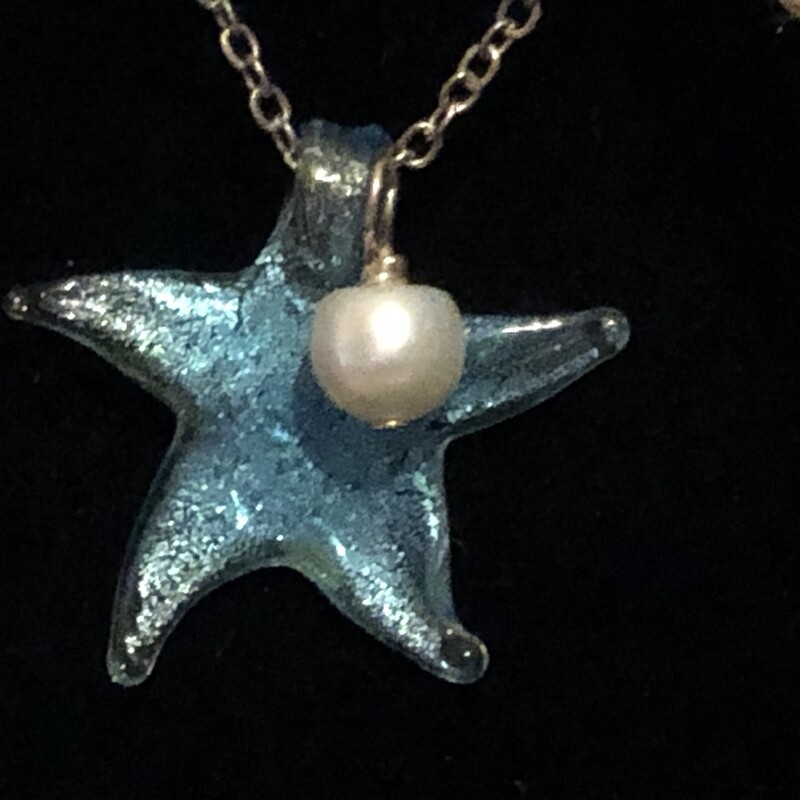 Starfish Pendant Necklace | Glittery Blue with Faux Pearl Accent | 9” Chain + 2” Extender | Ocean-Inspired Gift