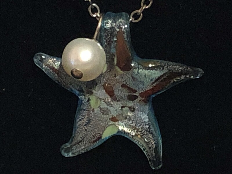 Starfish Pendant Necklace | Glittery Blue with Faux Pearl Accent | 9” Chain + 2” Extender | Ocean-Inspired Gift