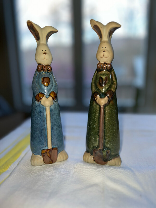 Glazed Vintage Ceramic Easter Bunny Figurines – Blue &amp; Green Garden Rabbits (8”x2”x3”)