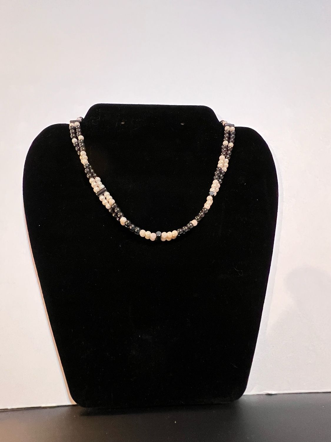 Double String Necklace With Black And White Pearls