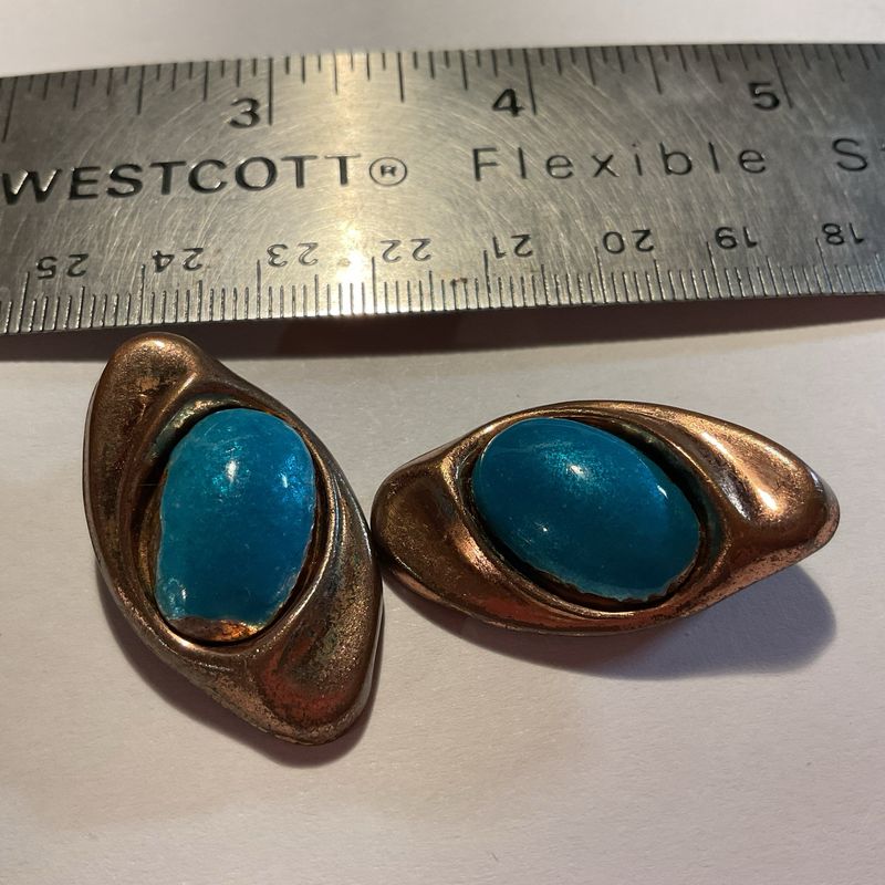 Rare Matisse &amp; Renoir Copper Earrings with Blue Enamel – Mid-Century Clip-Ons