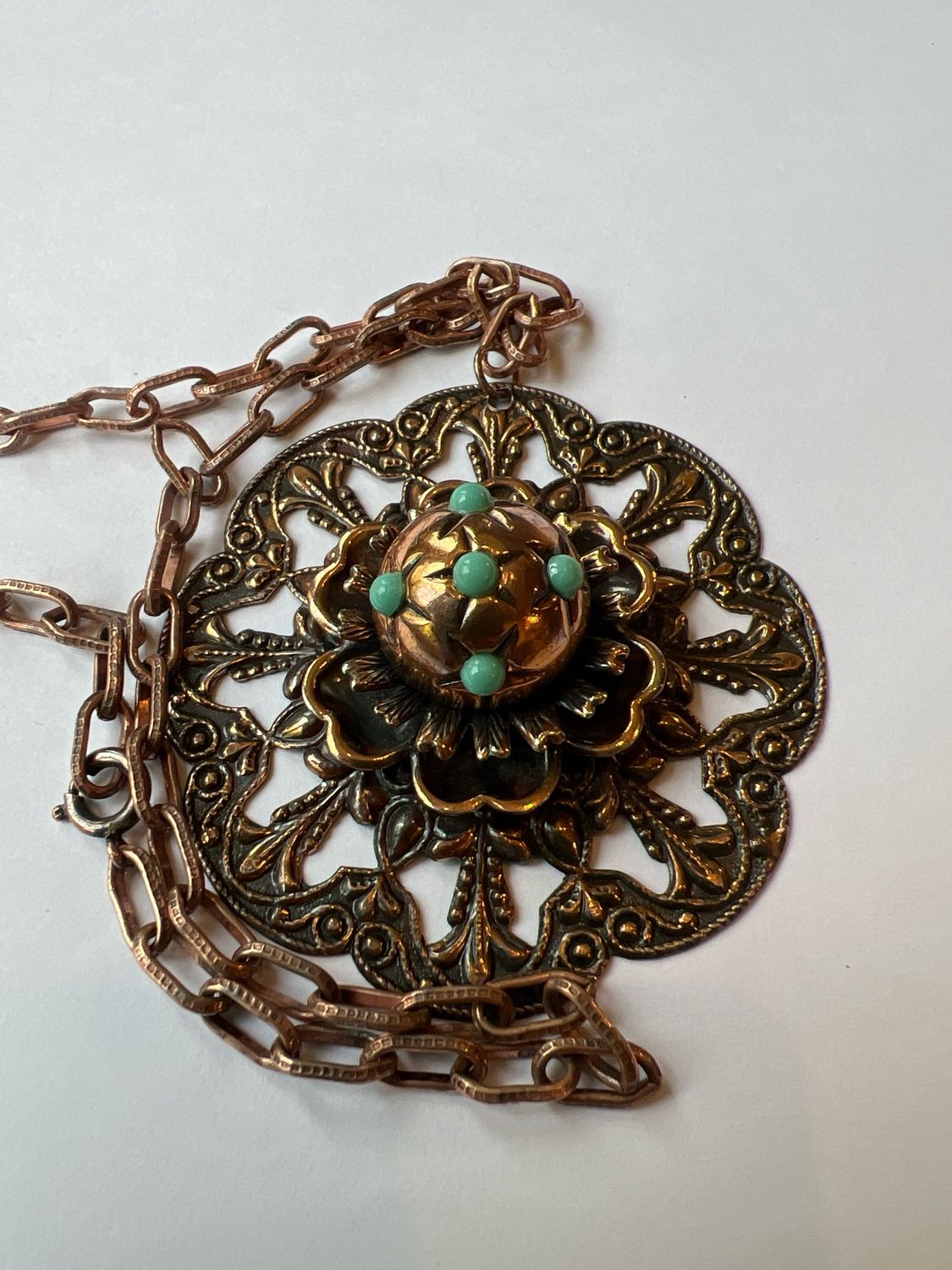 Vintage Bold Faux Turquoise Stone Copper Necklace