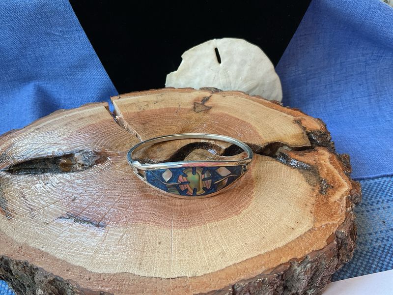 Mexican Alpaca Silver Hinged Vintage Bracelet – Floral Inlay with Abalone &amp; Mother of Pearl