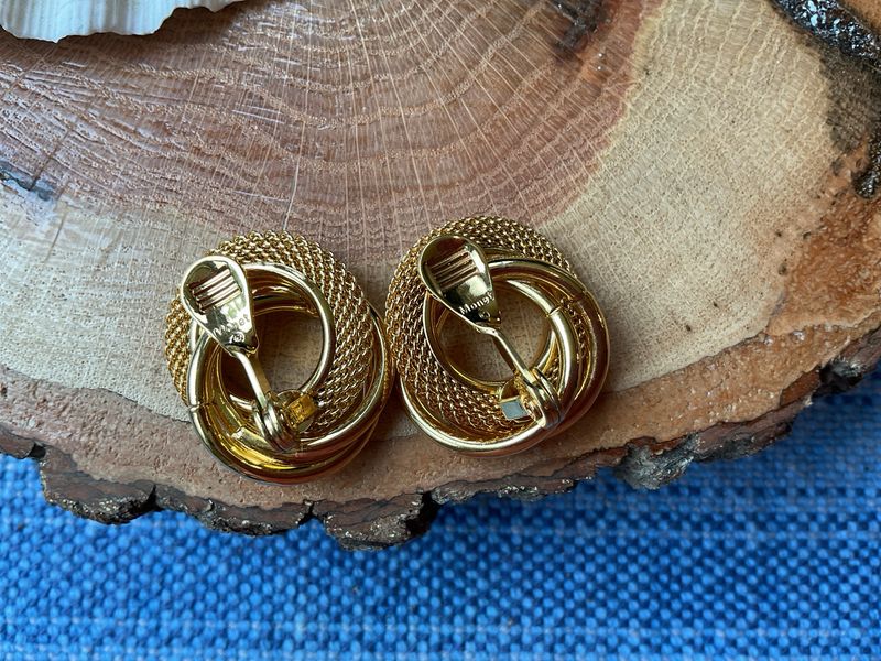 Twisted Rope Knot Clip-On Earrings by MONET – Gold Tone Mesh &amp; Solid Detail, Vintage Elegance