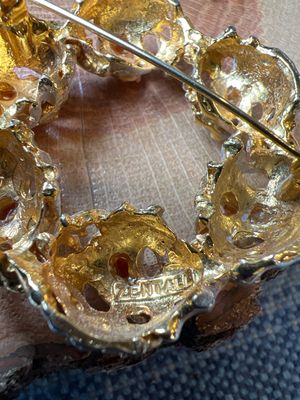 Zentall Estate Brooch | Coral &amp; White Enamel | Vintage 1970s Gold-Tone Design