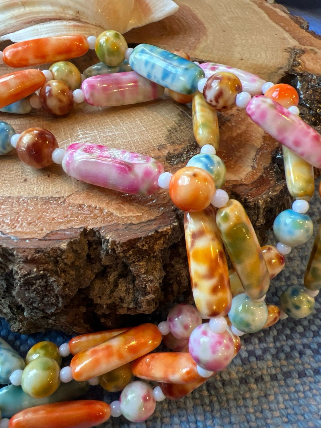 Multi-Colored Beaded 48” Necklace – Elongated Semi-Flat Beads, Vintage Layering Joy