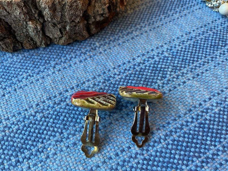 Handmade Ceramic Clip-On Earrings – Vintage 1960s Earth-Toned Geometry