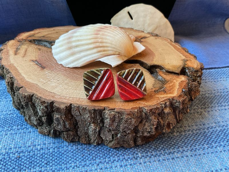 Handmade Ceramic Clip-On Earrings – Vintage 1960s Earth-Toned Geometry