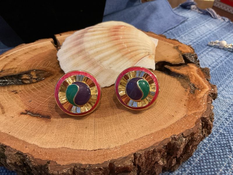 Colorburst Clip-On Earrings – Red, Green &amp; Purple Glass with Gold Accents, Vintage Yin-Yang Inspired Design