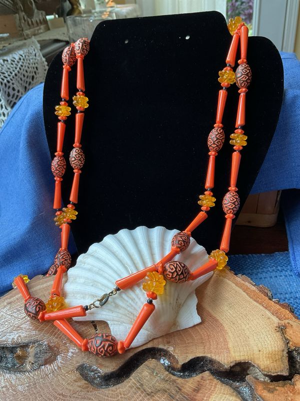 Orange Beaded Double-Strand Necklace – 48” Statement Piece with Floral &amp; Patterned Accents