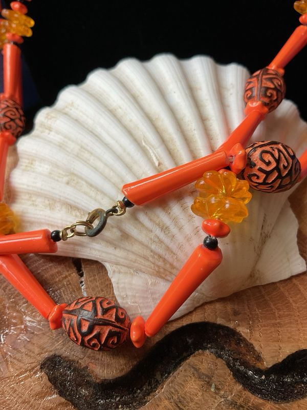 Orange Beaded Double-Strand Necklace – 48” Statement Piece with Floral &amp; Patterned Accents