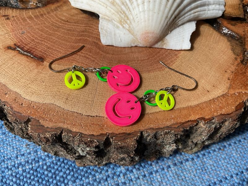 She Wore Joy Like Jewelry – Smiley Face &amp; Peace Sign Dangle Earrings in Neon Pink, Green &amp; Yellow
