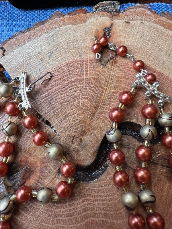Three-Strand Beaded Necklace – Vintage Choker with Gold &amp; Copper Beads, Hand-Painted Oriental Motifs, 14” Estate Find
