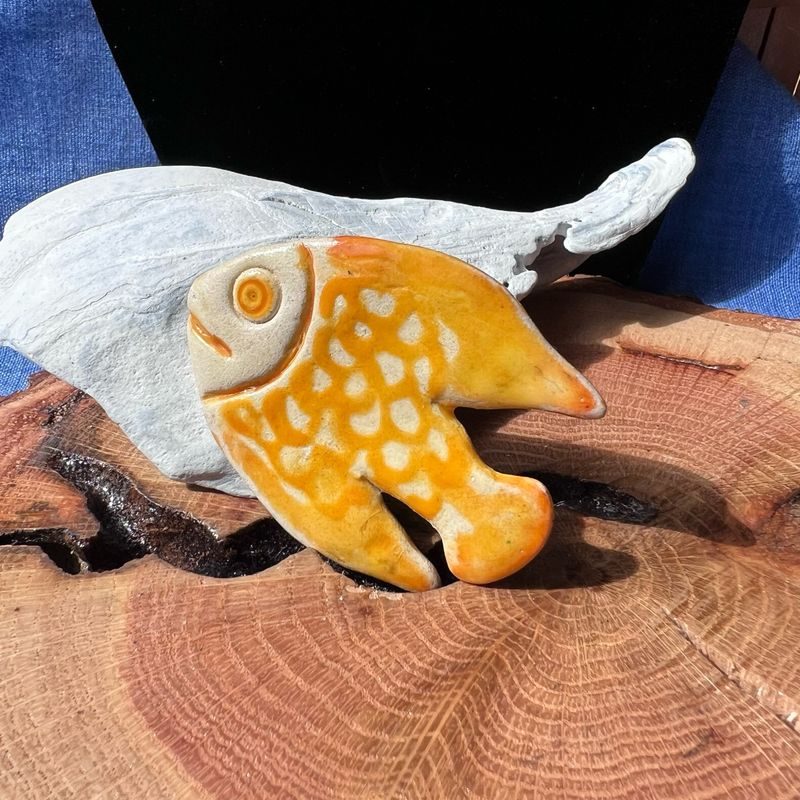 Handmade Ceramic Fish Brooch – Whimsical Statement Pin, Artisan Glaze