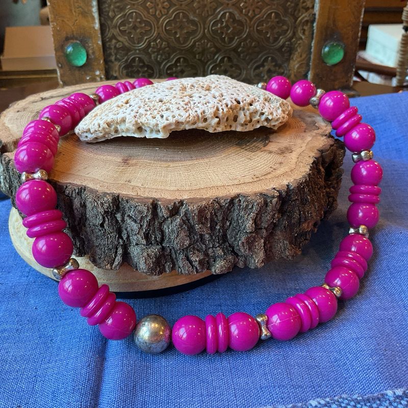 Magenta Echo | Vintage 1960s Beaded Necklace | Silver-Tone Accents | Estate Collection