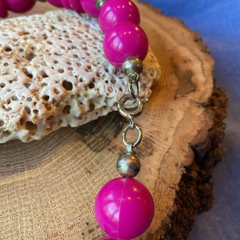 Magenta Echo | Vintage 1960s Beaded Necklace | Silver-Tone Accents | Estate Collection