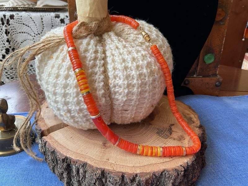 Handmade Disc Necklace – Vintage 16” Choker with Orange, Red &amp; Yellow Beads, Gold-Tone Accents &amp; Curved Centerpiece