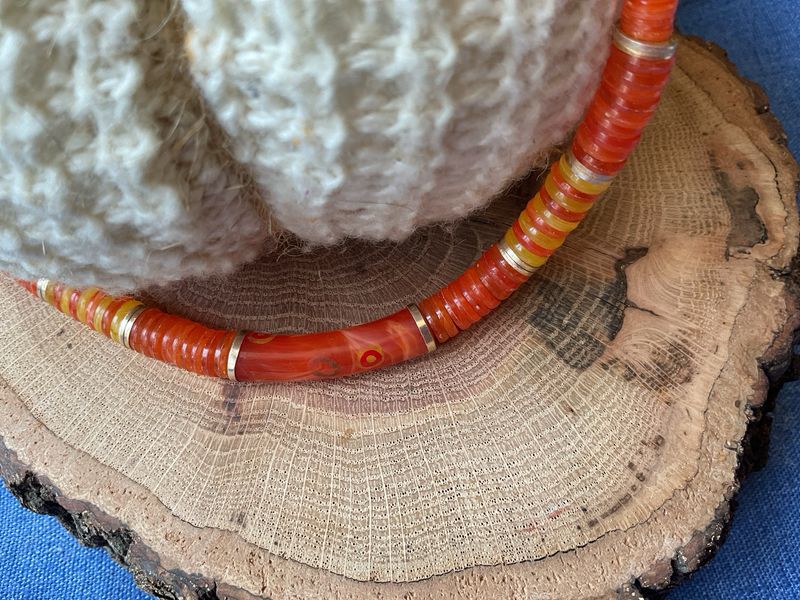 Handmade Disc Necklace – Vintage 16” Choker with Orange, Red &amp; Yellow Beads, Gold-Tone Accents &amp; Curved Centerpiece