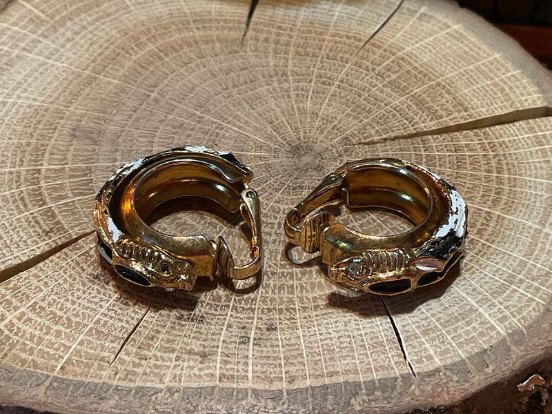 Slither &amp; Shine | Enamel Snake Clip-On Earrings | Gold Tone | Estate Collection