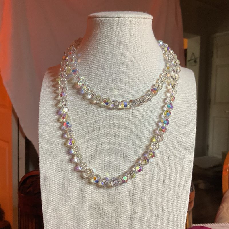 Aurora Borealis Crystal Necklace – Faceted Glass on Silver Chain, Vintage 1950s Retro Glam