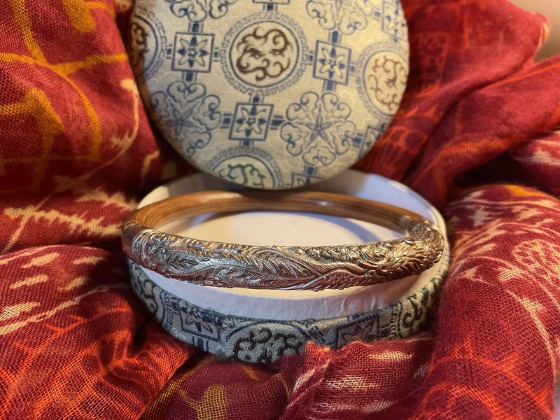 Carved Peacock &amp; Cherry Blossom | Sterling Silver &amp; Bamboo Bangle | Estate Collection