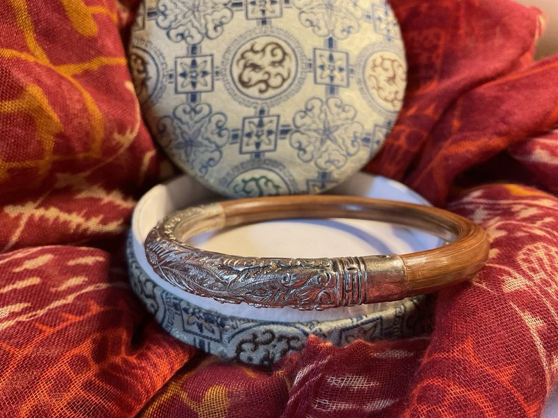Carved Peacock &amp; Cherry Blossom | Sterling Silver &amp; Bamboo Bangle | Estate Collection