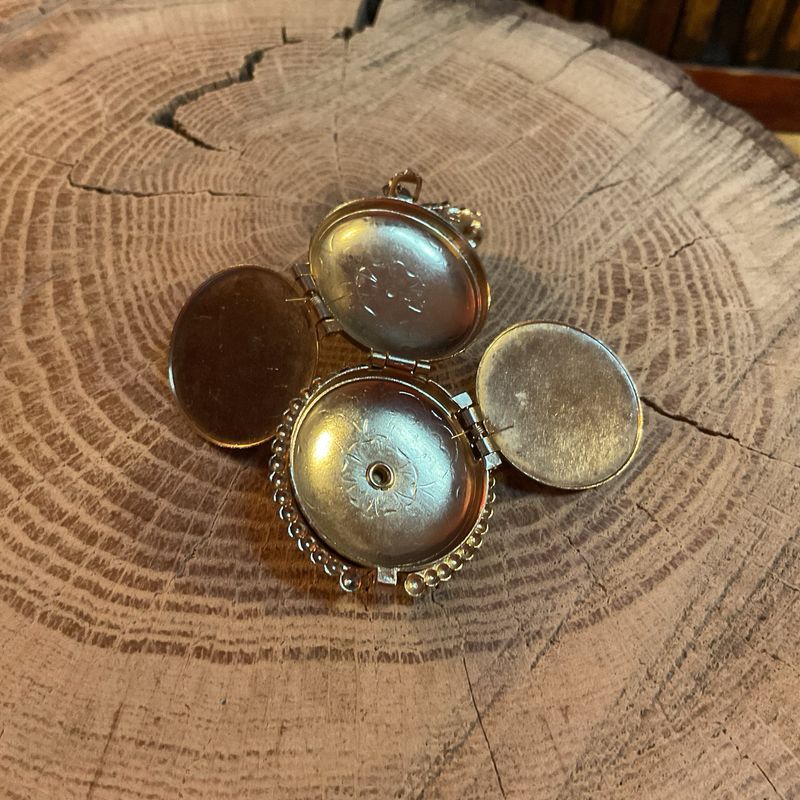Amber Pill Box Brooch – Vintage Estate Pendant with Dual Compartments &amp; Ornate Scrollwork