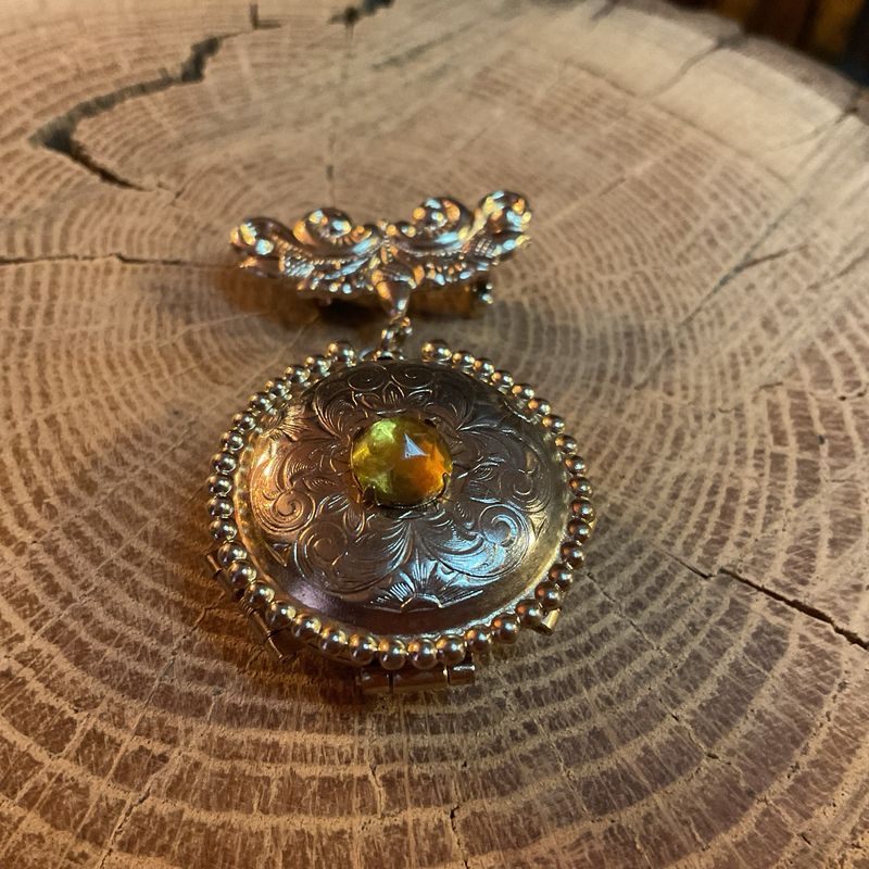 Amber Pill Box Brooch – Vintage Estate Pendant with Dual Compartments &amp; Ornate Scrollwork