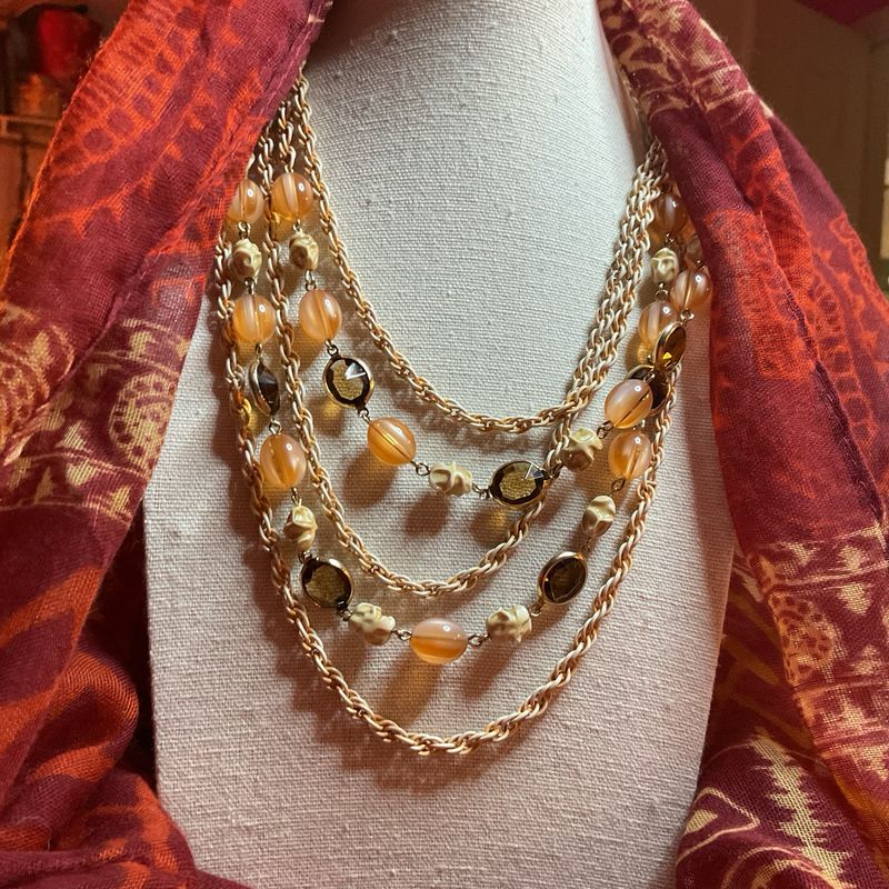 Five-Strand Necklace – Vintage 1980s Amber, Gold &amp; White Beads, Layered Statement with Adjustable Length