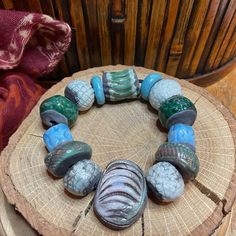 Handmade Ceramic Bead Bracelet – Earth-Toned Artisan Mix, Vintage Boho Charm
