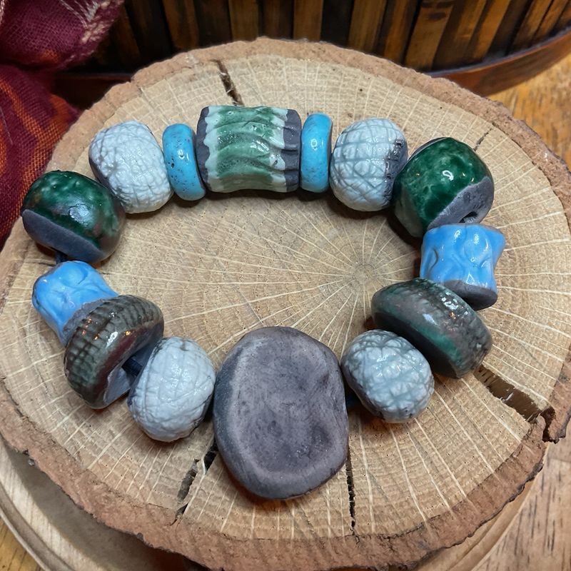 Handmade Ceramic Bead Bracelet – Earth-Toned Artisan Mix, Vintage Boho Charm