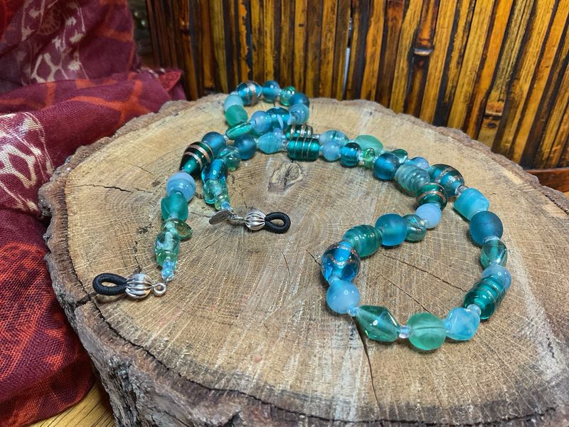 Vintage Eyeglasses Chain – Green Glass Beads with Gold Striping, 24” Hallmarked “Made with Love”