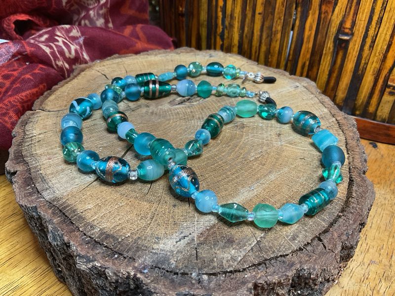 Vintage Eyeglasses Chain – Green Glass Beads with Gold Striping, 24” Hallmarked “Made with Love”