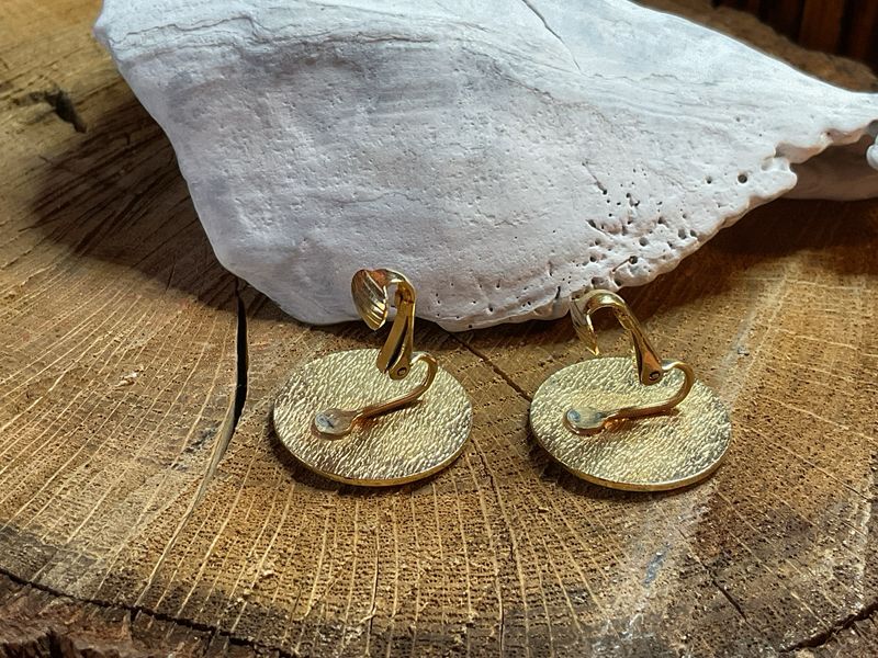 Speckled Clip-On Earrings – Creamy Yellow with Red &amp; Black Flecks, Vintage 7/8” Statement Jewelr