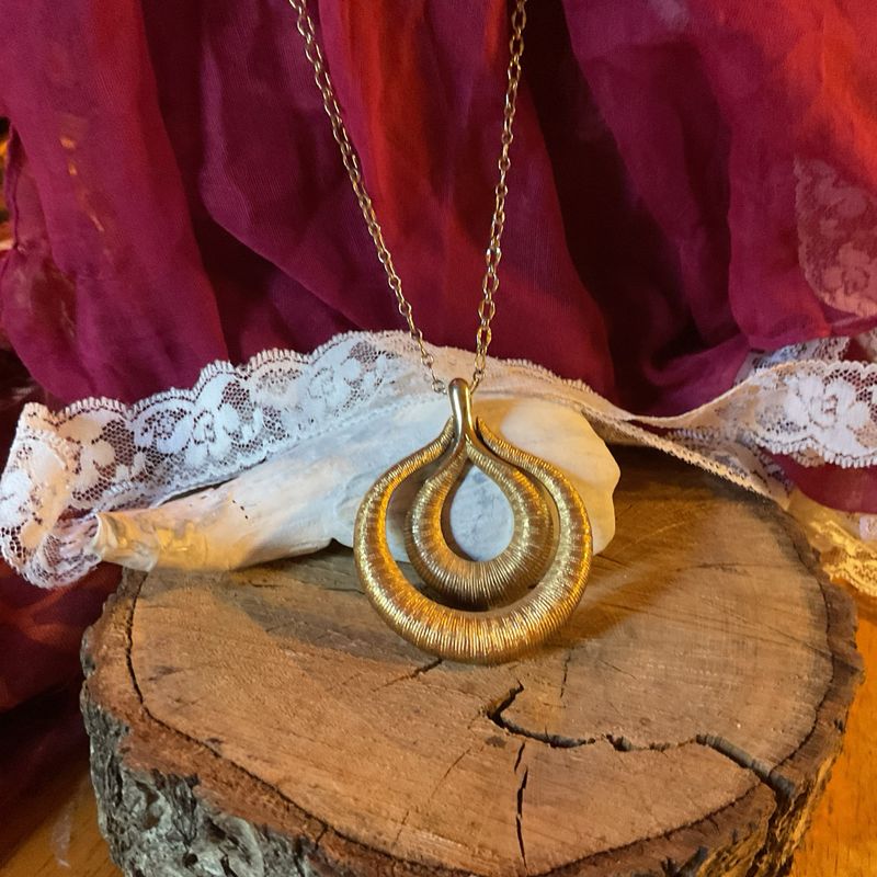 Crown Trifari | Double Teardrop Pendant Necklace Brushed goldtone | 24” chain | 3” pendant