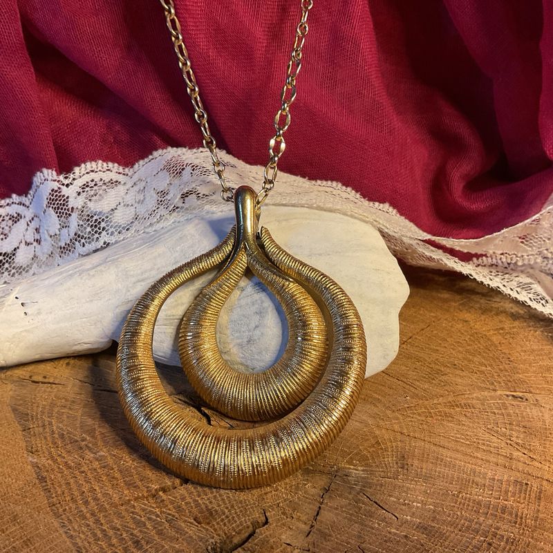 Crown Trifari | Double Teardrop Pendant Necklace Brushed goldtone | 24” chain | 3” pendant