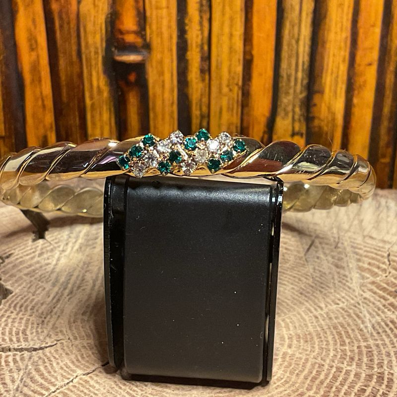 Gold Scalloped Bracelet – 14k Plated with Emerald &amp; CZ Stones, Vintage Estate Jewelry