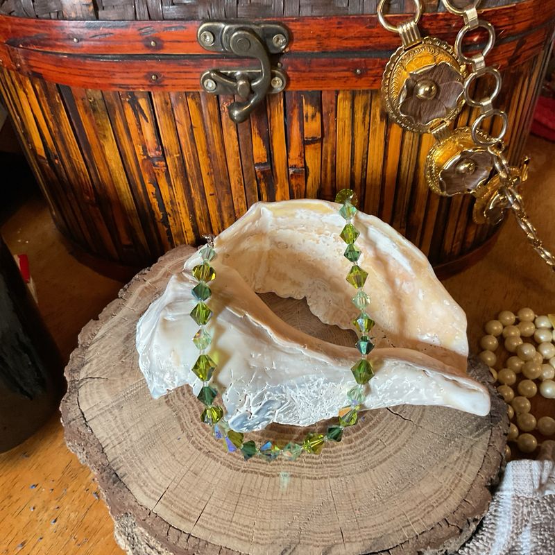 Coro Bicone Crystal Necklace – Green &amp; Clear Sparkle with Extension, Vintage 1960s Glam