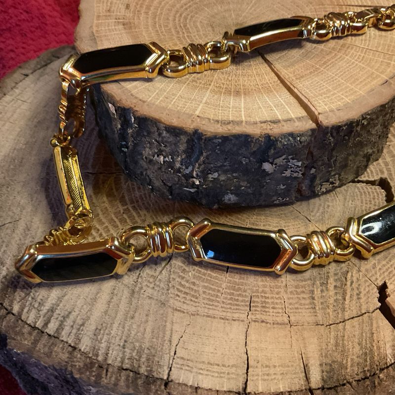 Vintage Black Enamel &amp; Gold-Tone Link Necklace – 18”